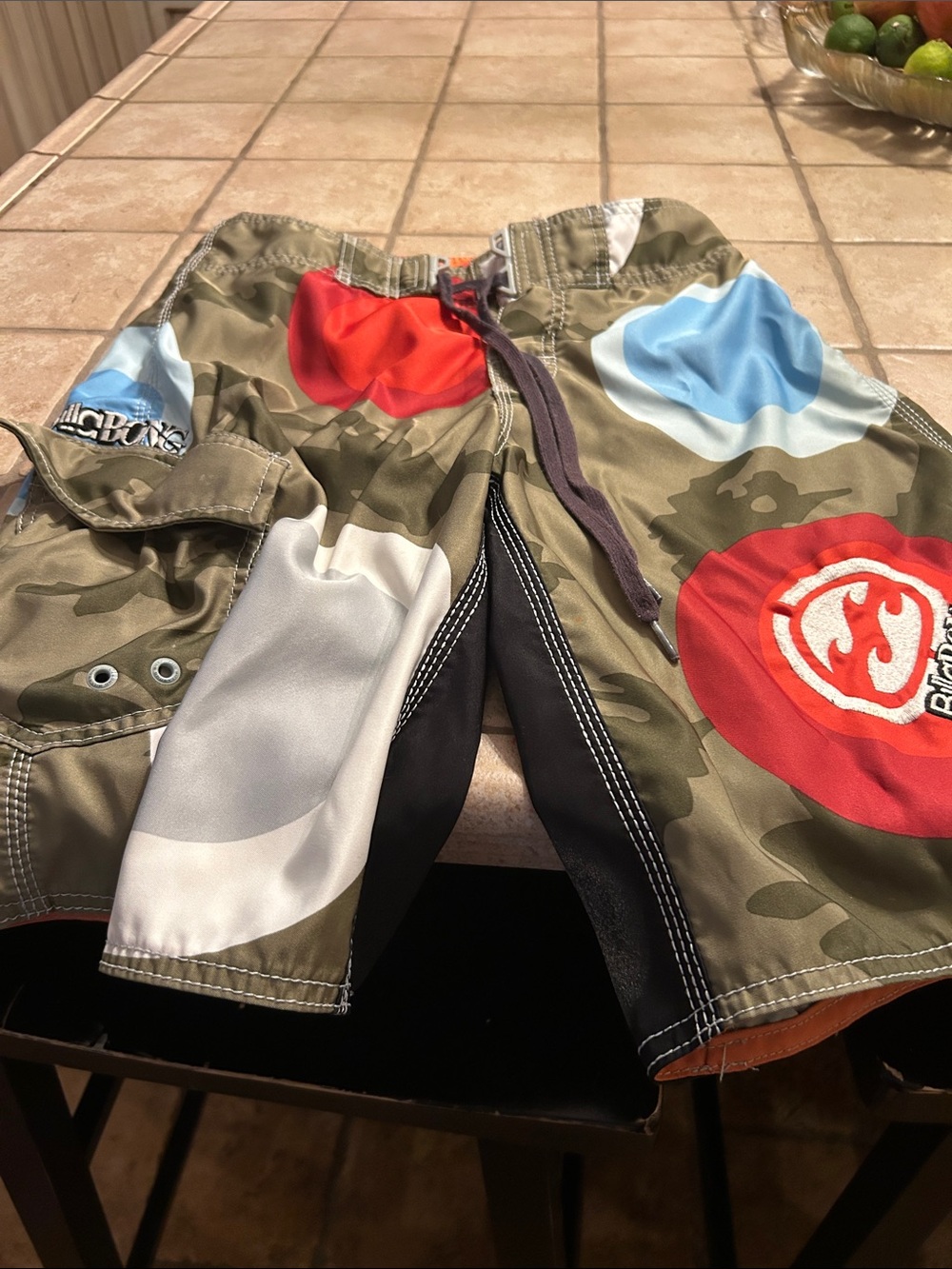 Billabong Kids Olive Camo Swim Shorts with Red and Light Blue Circles